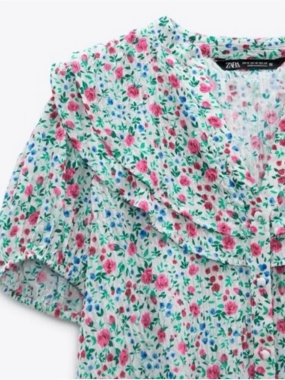 Zara White Floral Print Multi Color Crinkle V-Neck Puff Short Sleeve Top Blouse